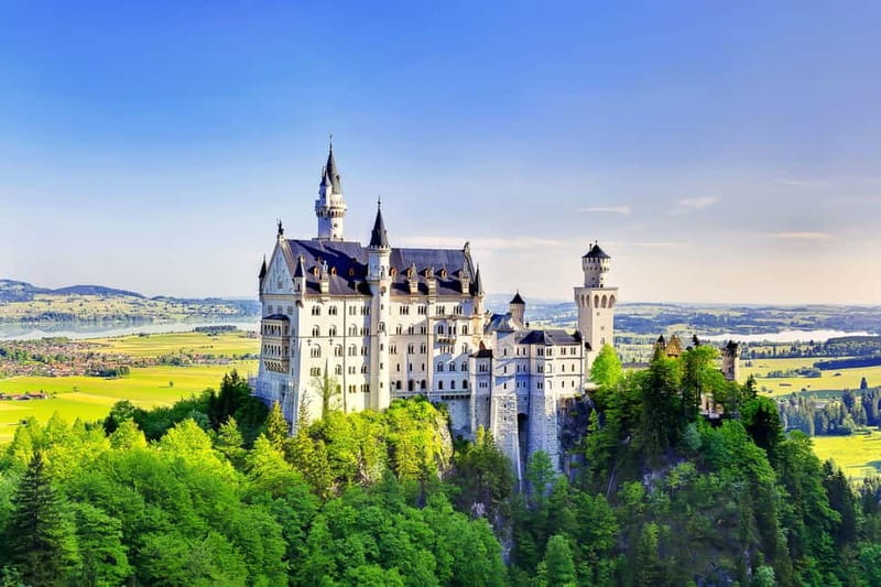 Neuschwanstein Castle above the Bavarian forest, two hours out of Munich