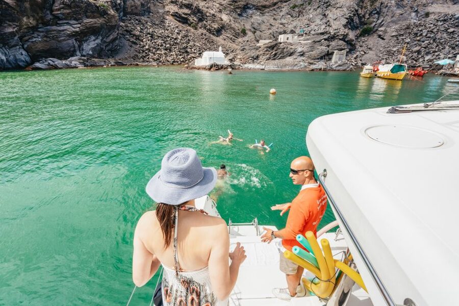 Santorini: Luxury Catamaran Day Trip with Meal and Open Bar - The hot springs, with one important catch